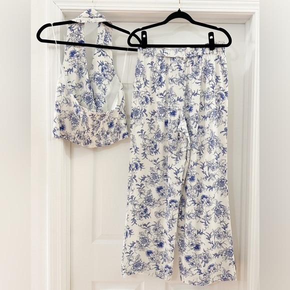 Jason Wu Linen Blend Halter Vest Style Top Wide Leg Pants Blue White Set 4 NEW - Picture 8 of 11